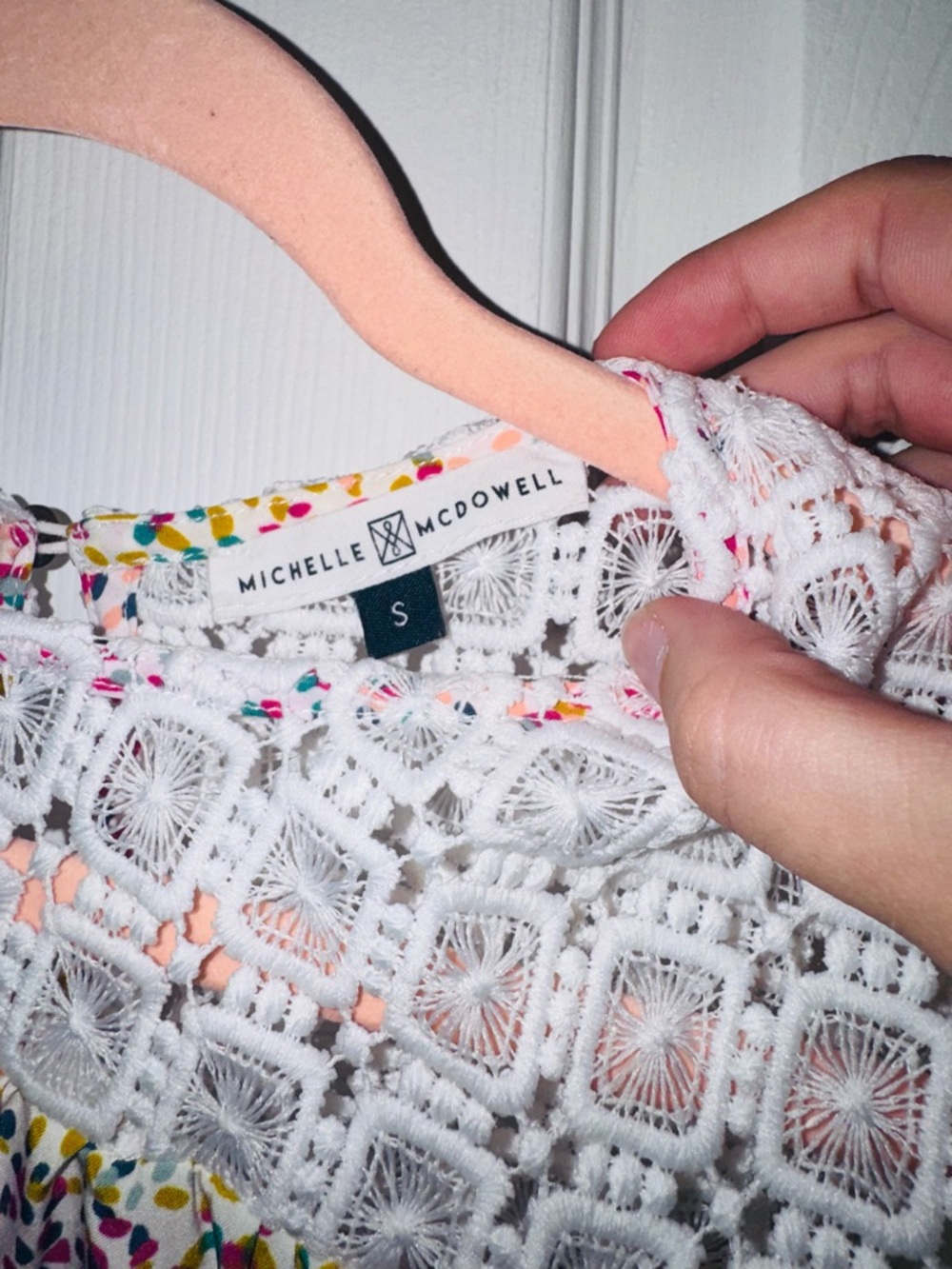 Lace Yoke Floral Dot Peasant Blouse in Pink and White - Picture 4 of 5